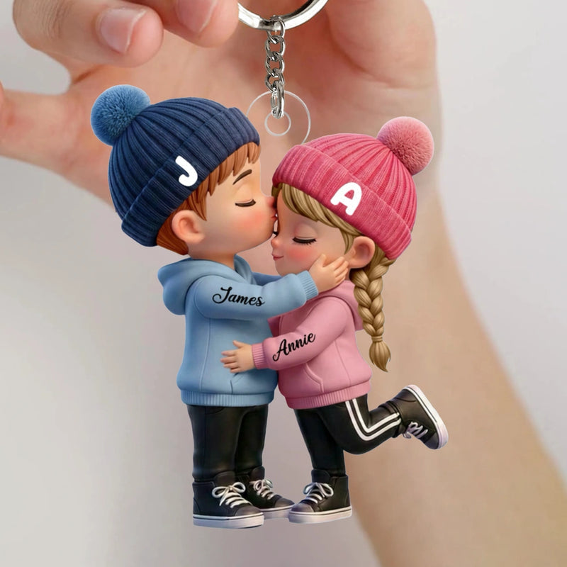 Personalized Cute Cartoon Kissing Couple Keychain, Unique Gift for Couple