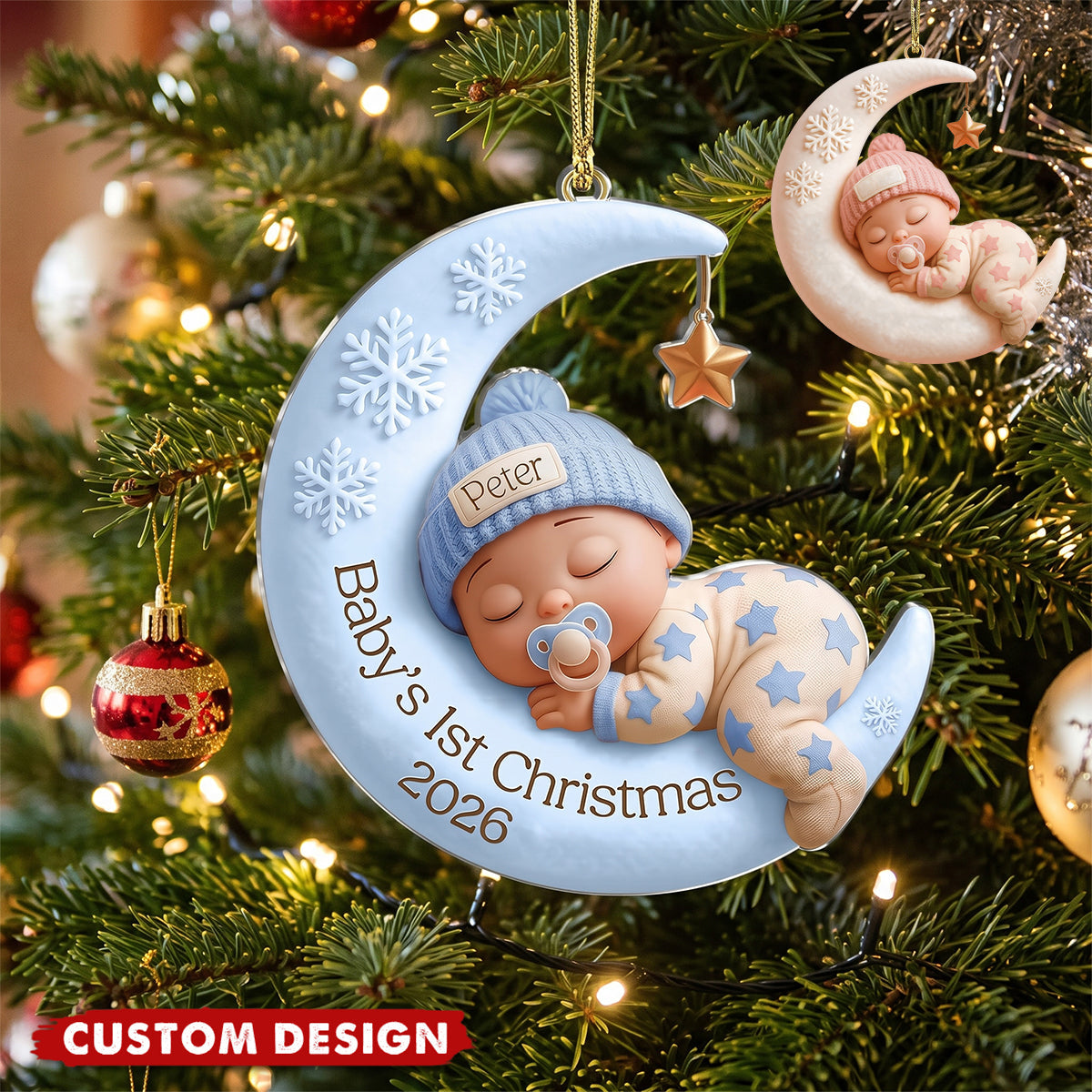 Baby Sleep On Moon - Baby's 1st Christmas Personalized Ornament