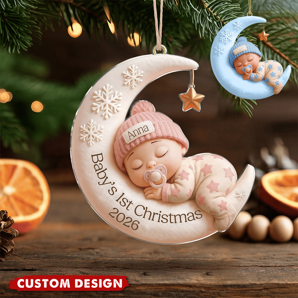 Baby Sleep On Moon - Baby's 1st Christmas Personalized Ornament