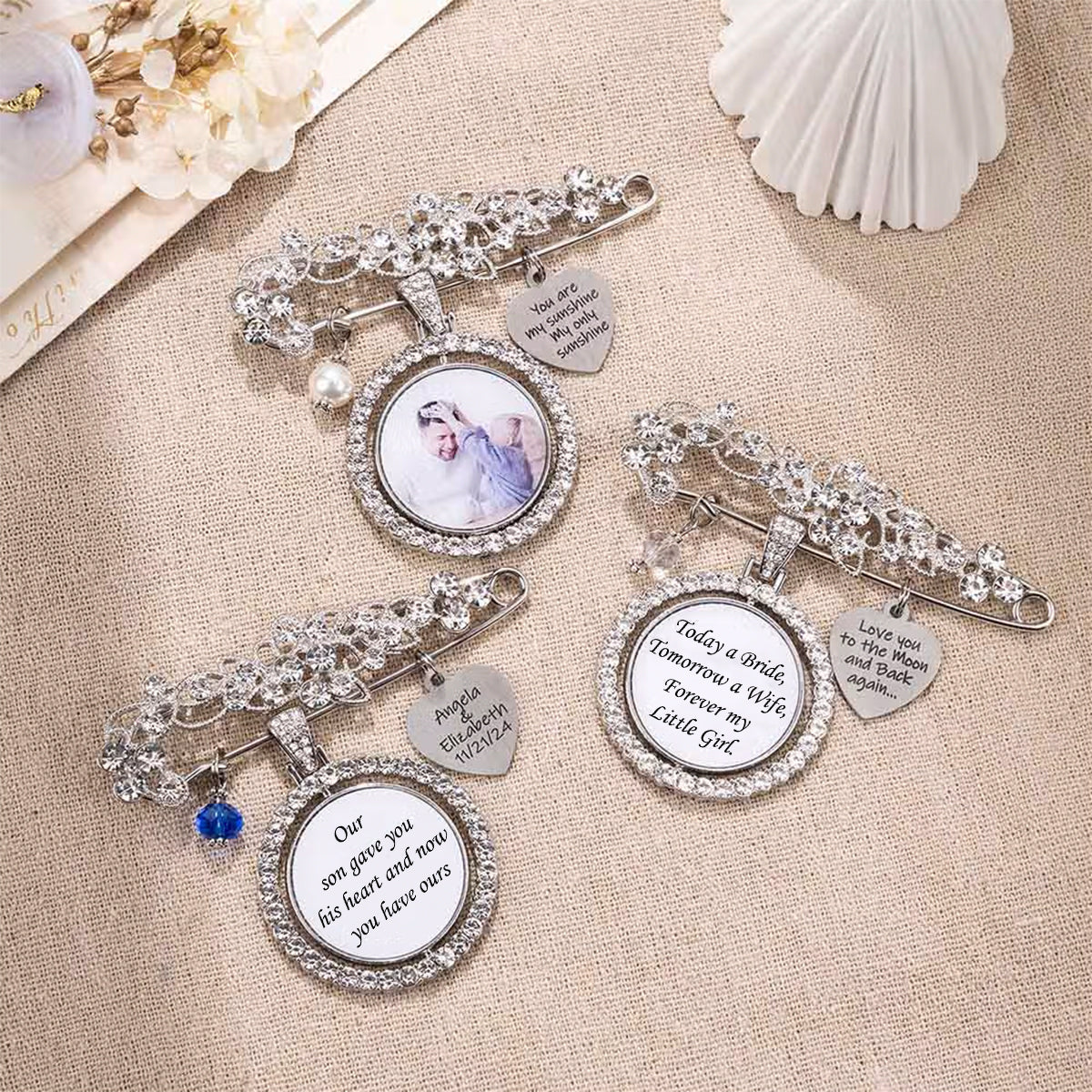 Today a Beautiful Bride Tomorrow a Loving Wife Always My Wonderful Daughter - Personalized Engraved Bouquet Charm Pin Brooch