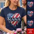 Personalized Nana/Mom T Shirt, Custom American Flag Heart Design with Family Names, Patriotic Gift for Nana/Mom