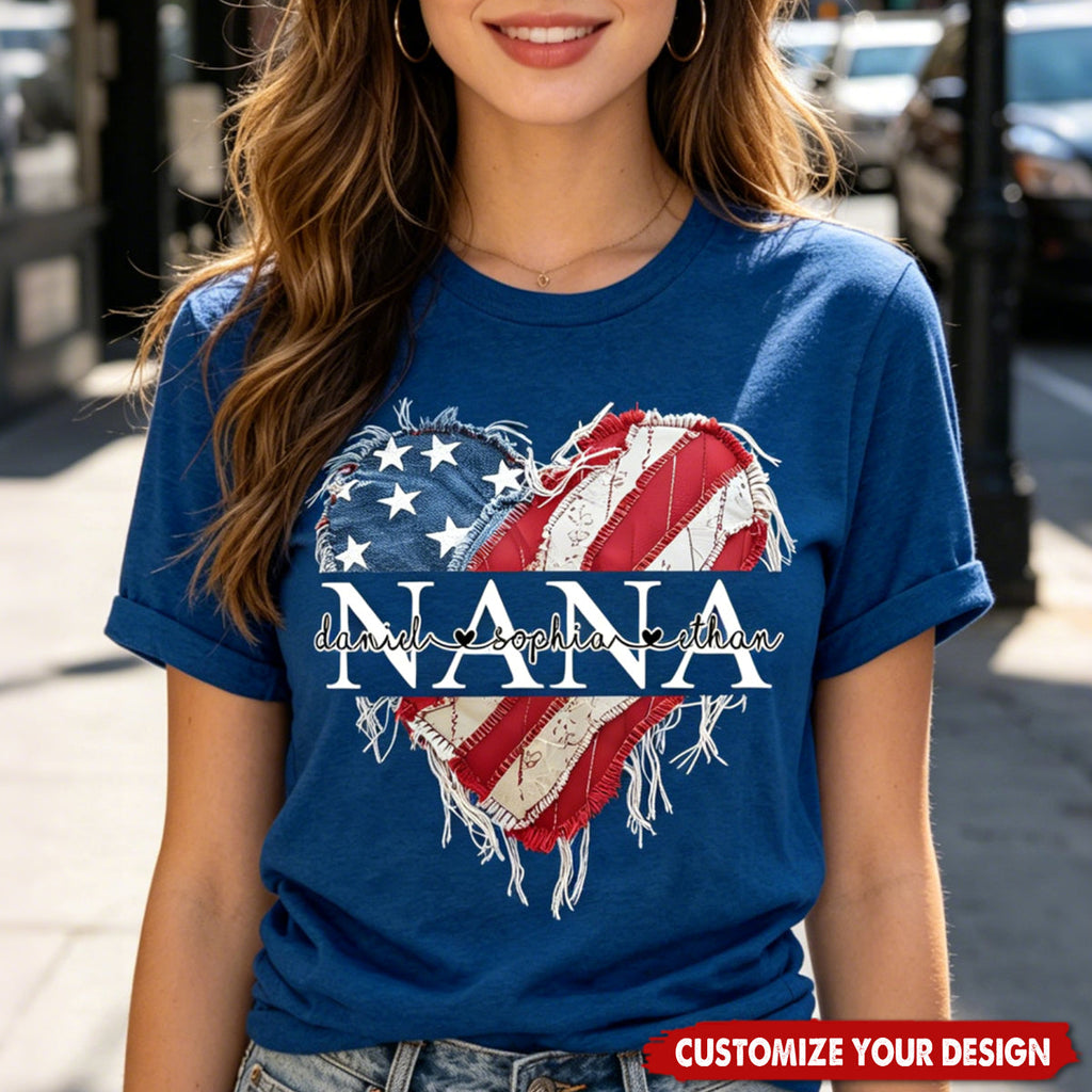 Personalized Nana/Mom T Shirt, Custom American Flag Heart Design with Family Names, Patriotic Gift for Nana/Mom