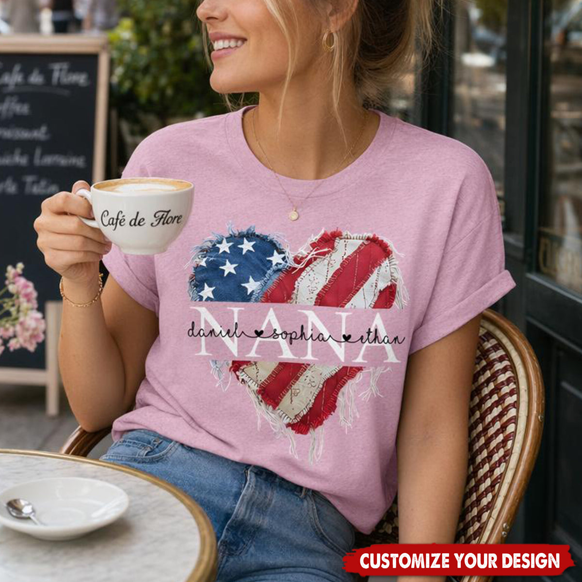 Personalized Nana/Mom T Shirt, Custom American Flag Heart Design with Family Names, Patriotic Gift for Nana/Mom