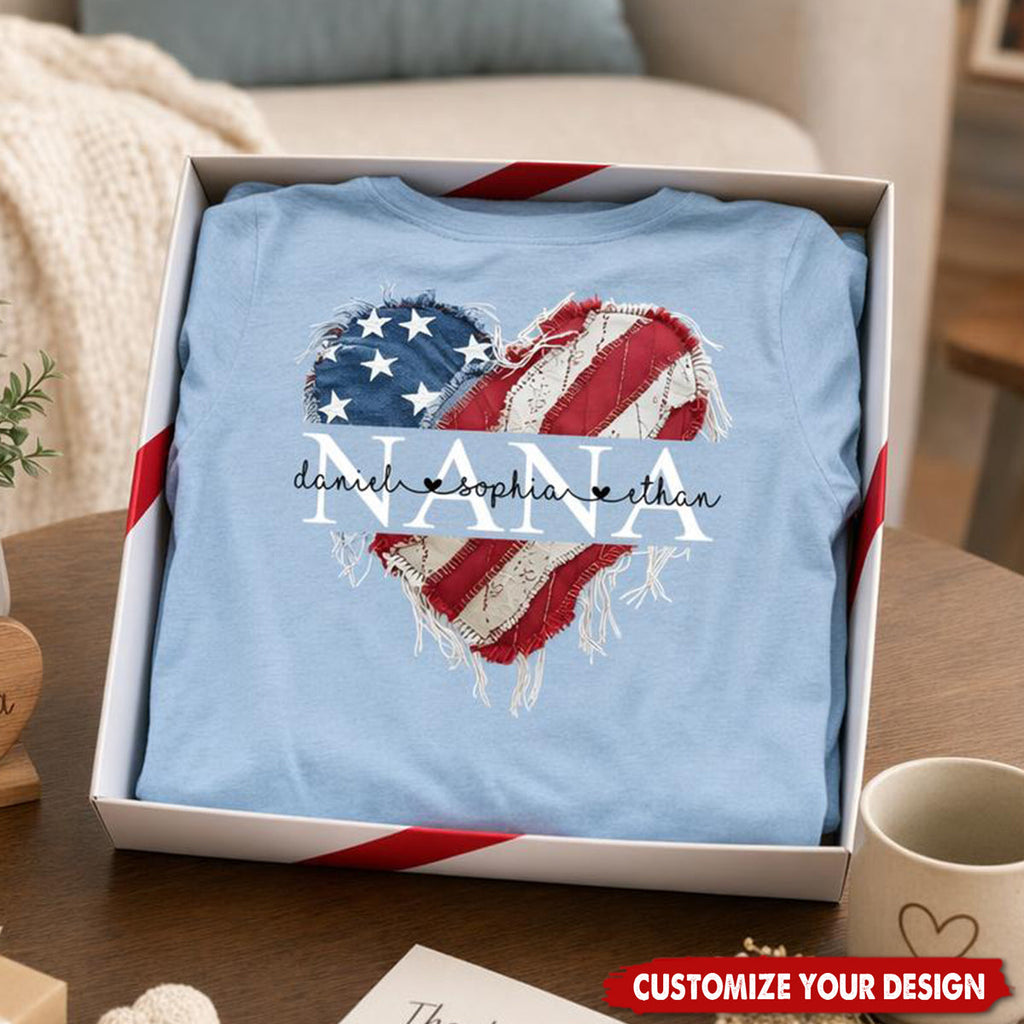 Personalized Nana/Mom T Shirt, Custom American Flag Heart Design with Family Names, Patriotic Gift for Nana/Mom