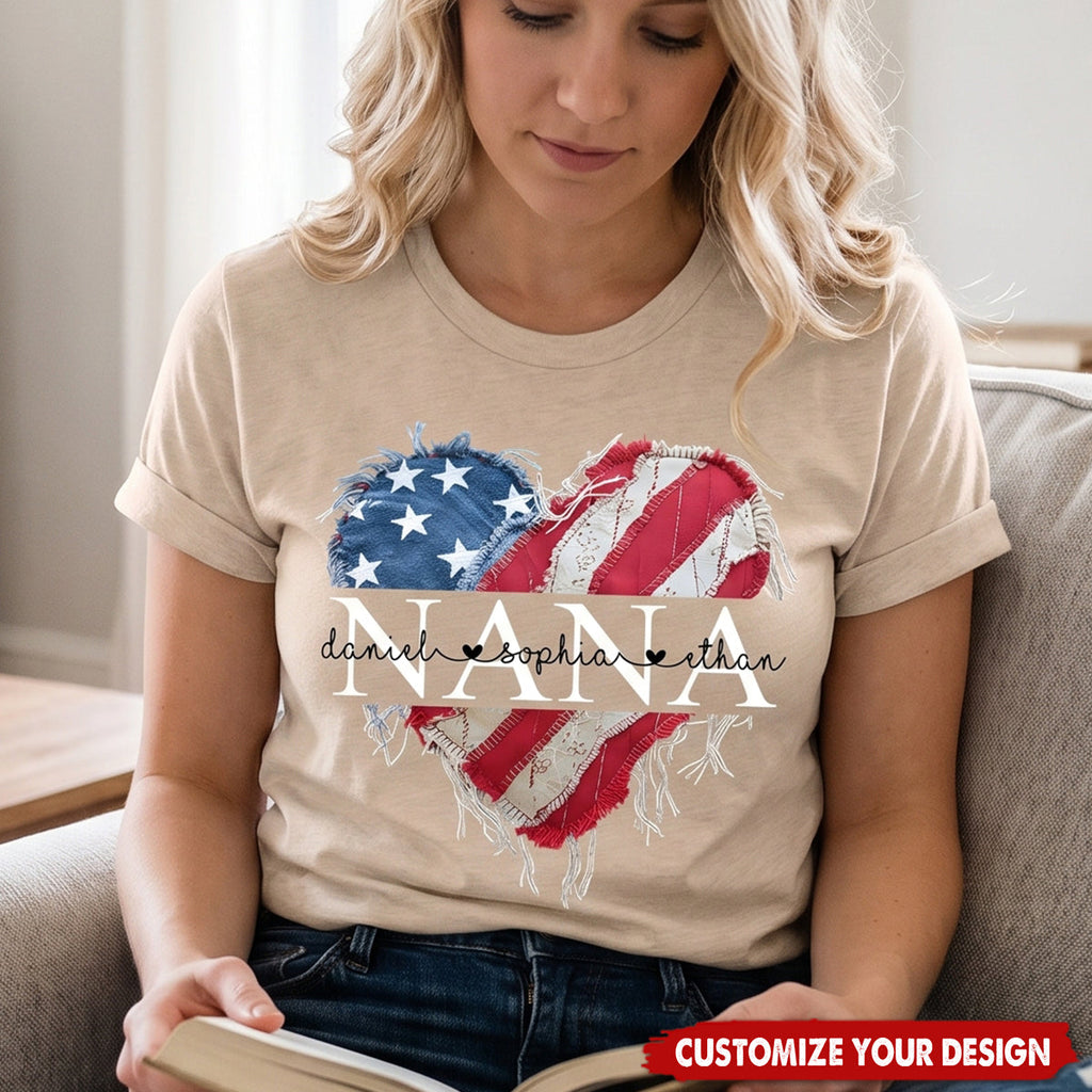 Personalized Nana/Mom T Shirt, Custom American Flag Heart Design with Family Names, Patriotic Gift for Nana/Mom