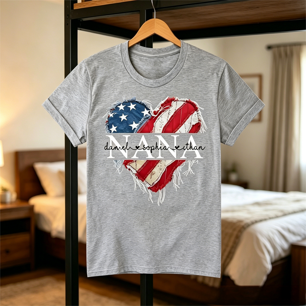 Personalized Nana/Mom T Shirt, Custom American Flag Heart Design with Family Names, Patriotic Gift for Nana/Mom