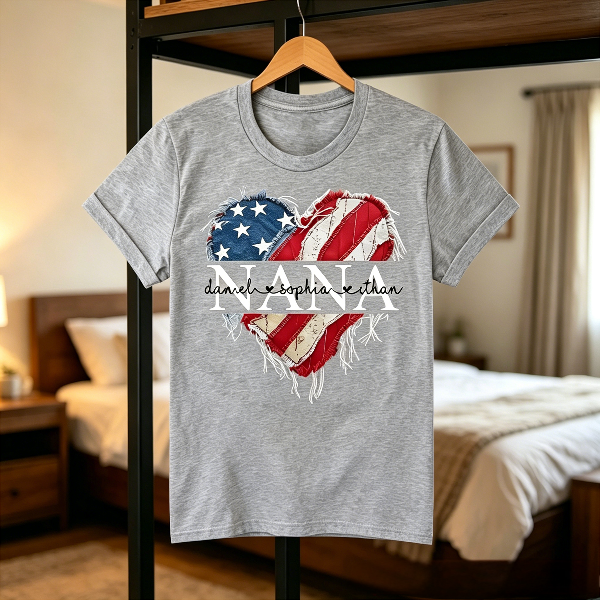 Personalized Nana/Mom T Shirt, Custom American Flag Heart Design with Family Names, Patriotic Gift for Nana/Mom