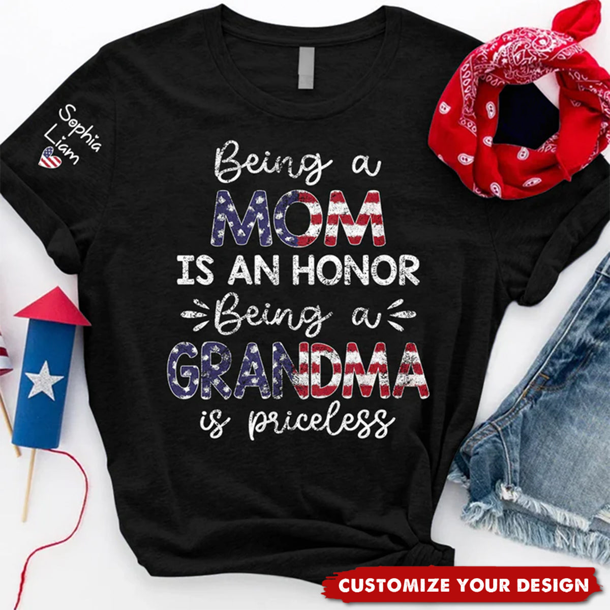 Being a Mom is an Honor, Being a Grandma is Priceless T Shirt, Patriotic American Flag Design, Custom Gift for Mom and Grandma