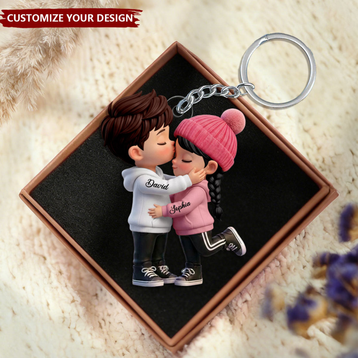 Personalized Cute Cartoon Kissing Couple Keychain, Unique Gift for Couple