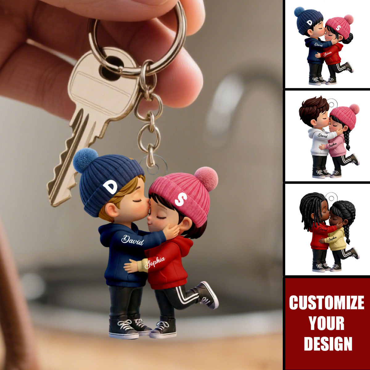 Personalized Cute Cartoon Kissing Couple Keychain, Unique Gift for Couple