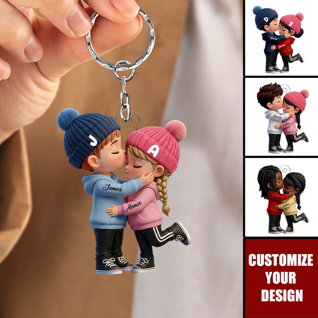 Personalized Cute Cartoon Kissing Couple Keychain, Unique Gift for Couple