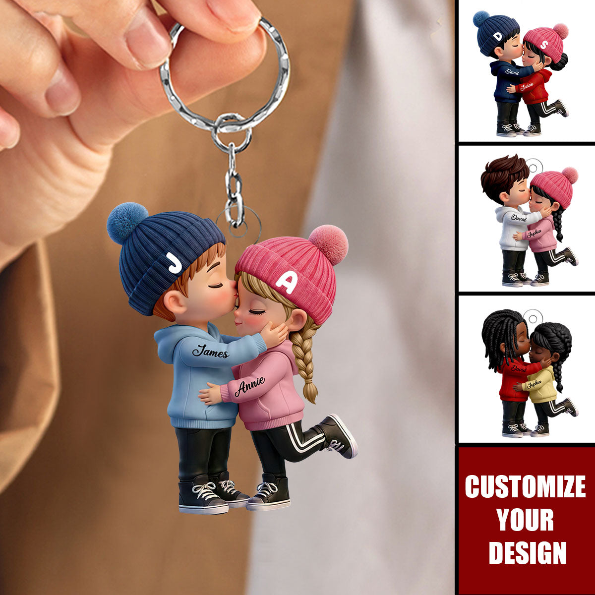 Personalized Cute Cartoon Kissing Couple Keychain, Unique Gift for Couple