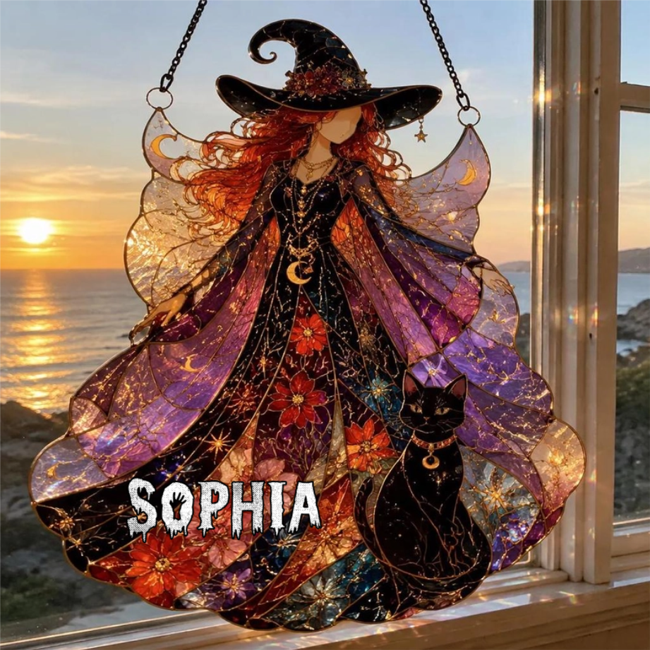 Witch & Cat - Personalized Halloween Suncatcher