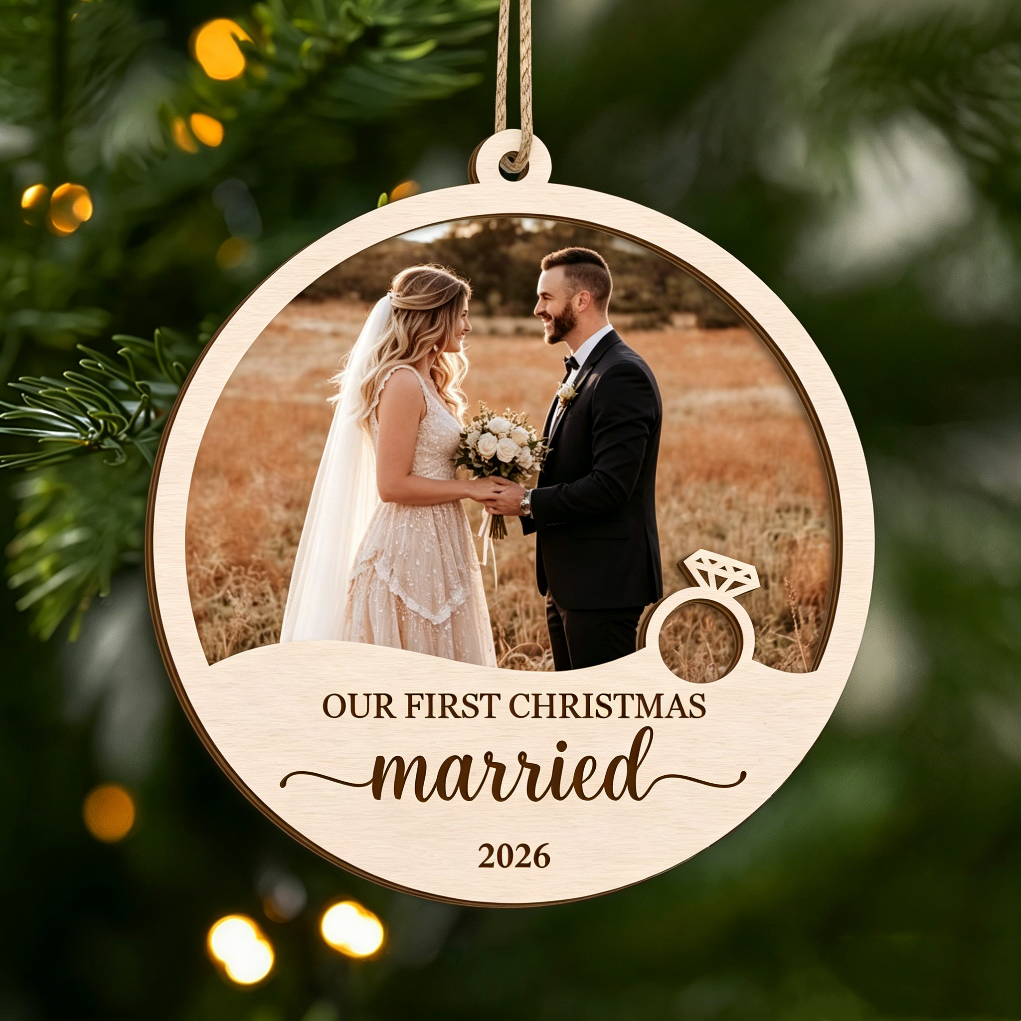 Personalized First Christmas Engaged Married 2 Layered Wooden Ornament