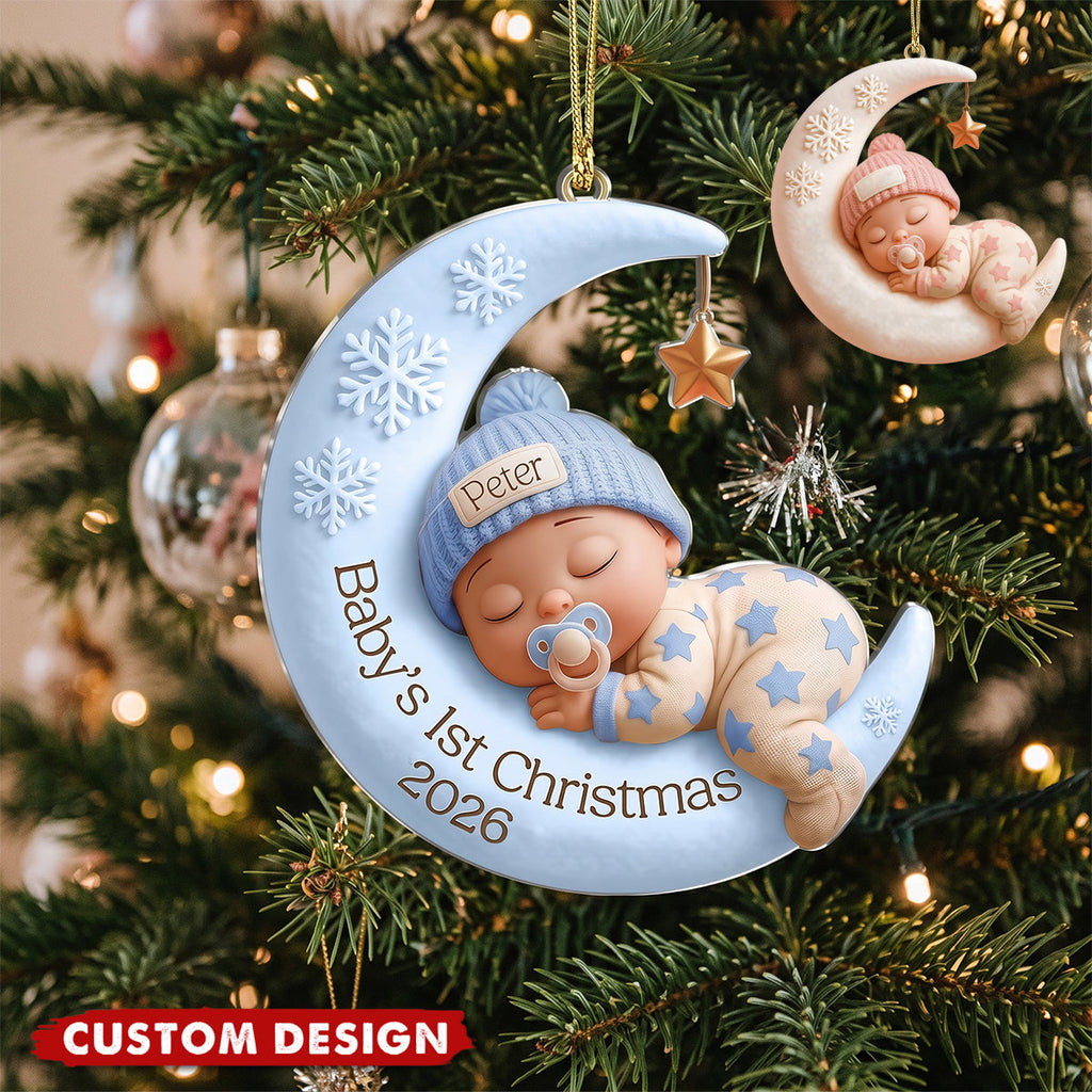 Baby Sleep On Moon - Baby's 1st Christmas Personalized Ornament