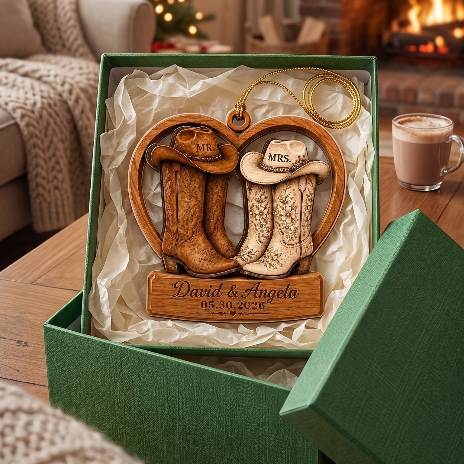 Personalized Couple Cowboy Boots Wooden Ornament - Anniversary Gift For Couple