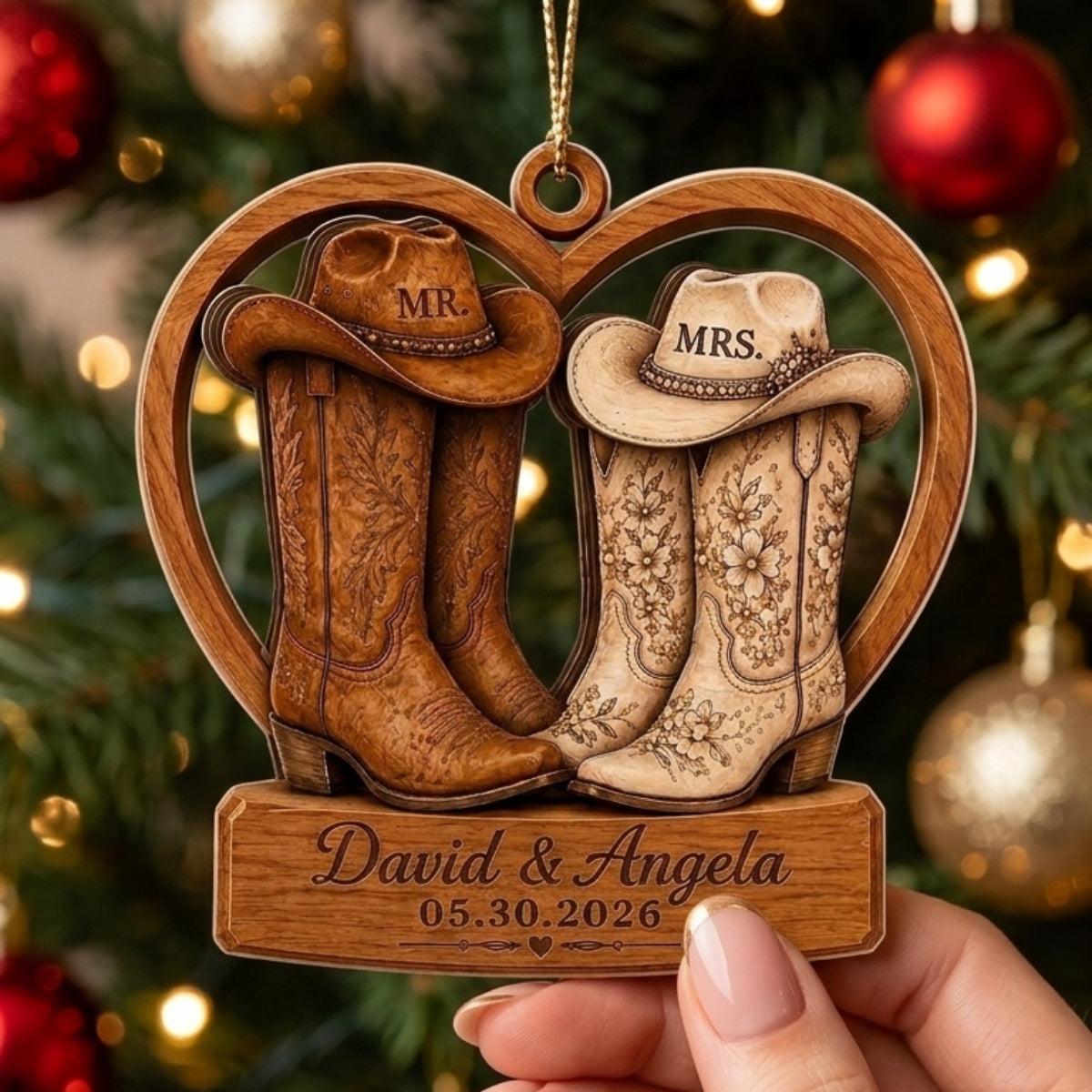 Personalized Couple Cowboy Boots Wooden Ornament - Anniversary Gift For Couple