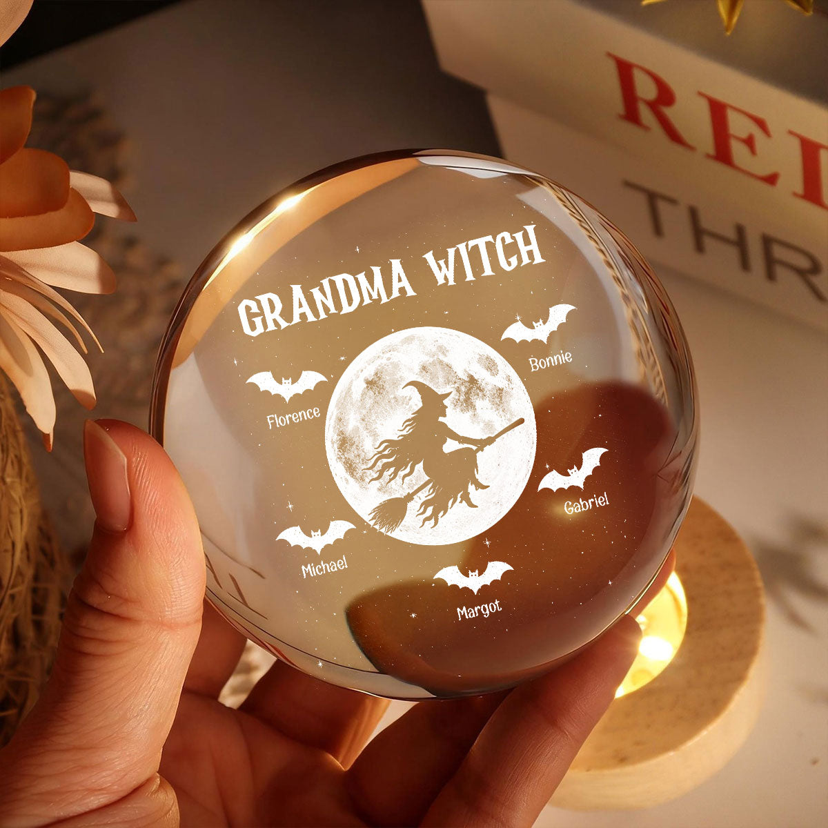Grandma Witch With Kids - Personalized Crystal Ball Night Light - Halloween Gift