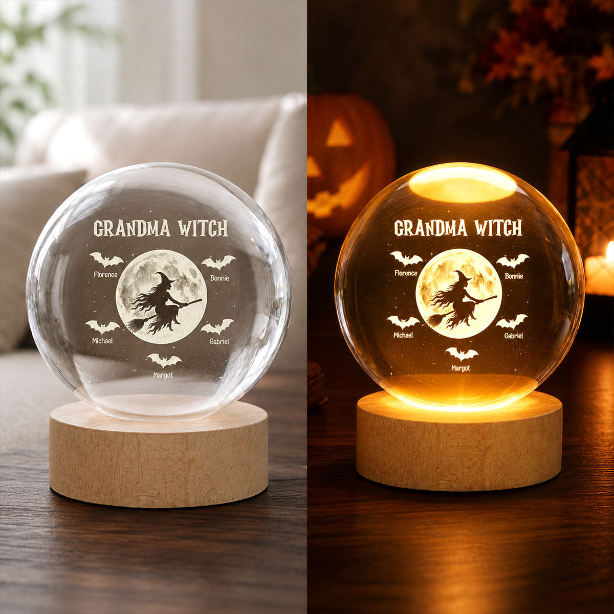 Grandma Witch With Kids - Personalized Crystal Ball Night Light - Halloween Gift