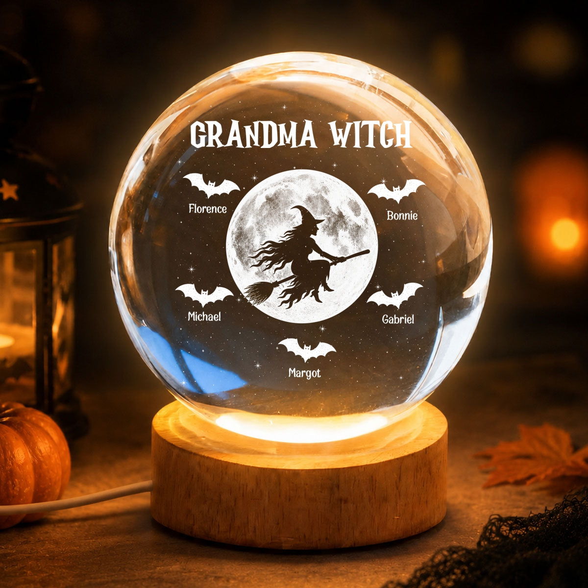 Grandma Witch With Kids - Personalized Crystal Ball Night Light - Halloween Gift