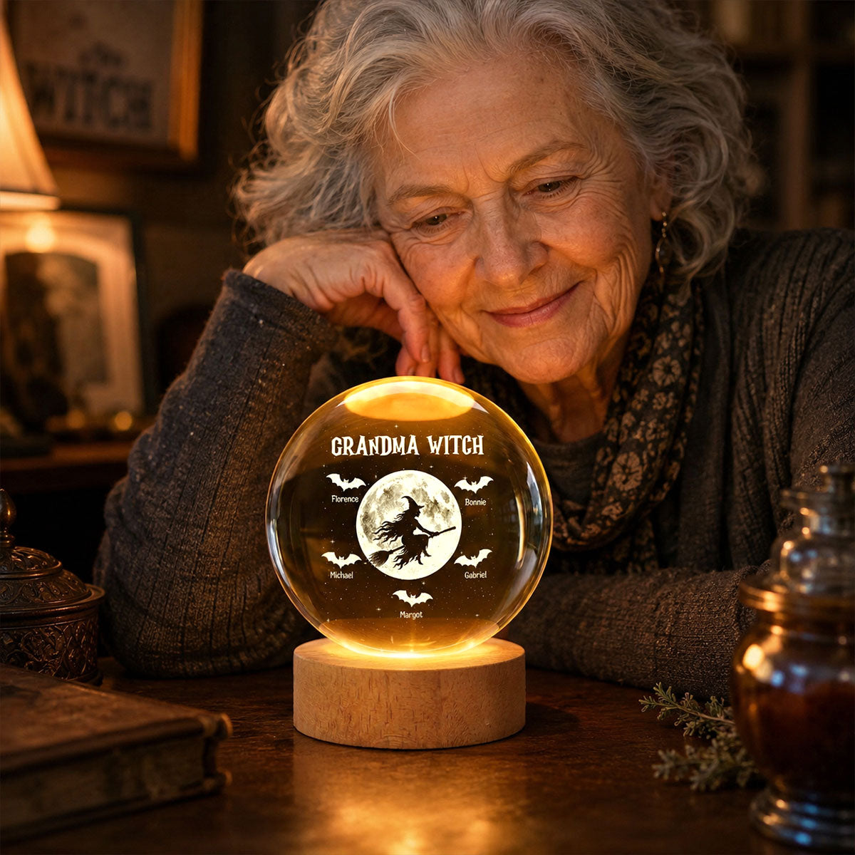 Grandma Witch With Kids - Personalized Crystal Ball Night Light - Halloween Gift
