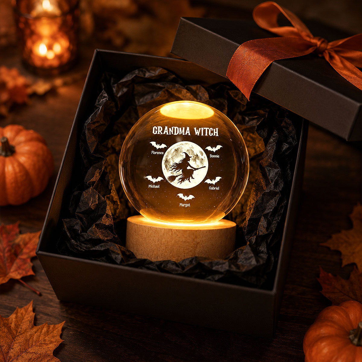 Grandma Witch With Kids - Personalized Crystal Ball Night Light - Halloween Gift