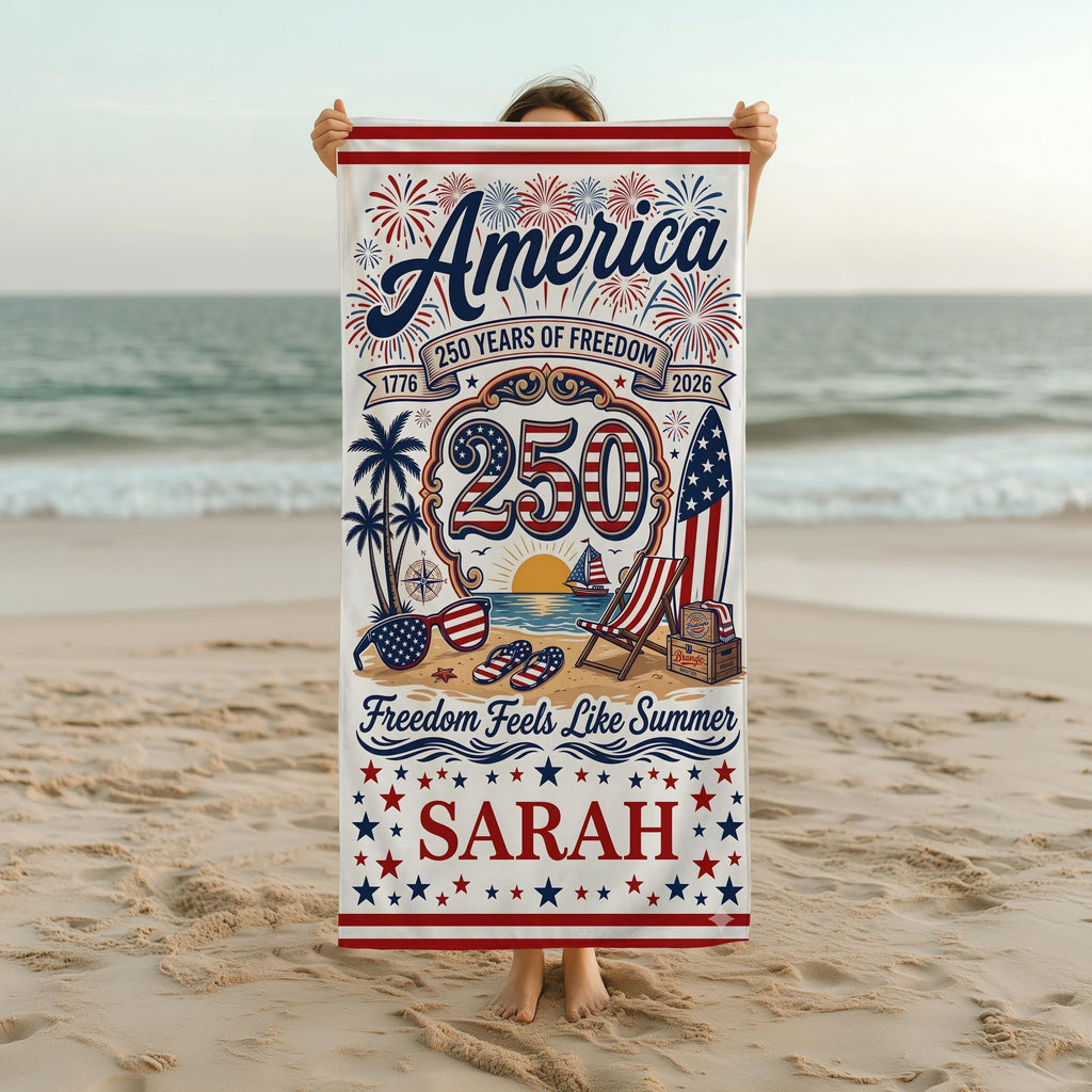 Personalized America 250th Beach Towel - Patriotic 4th of July Gift