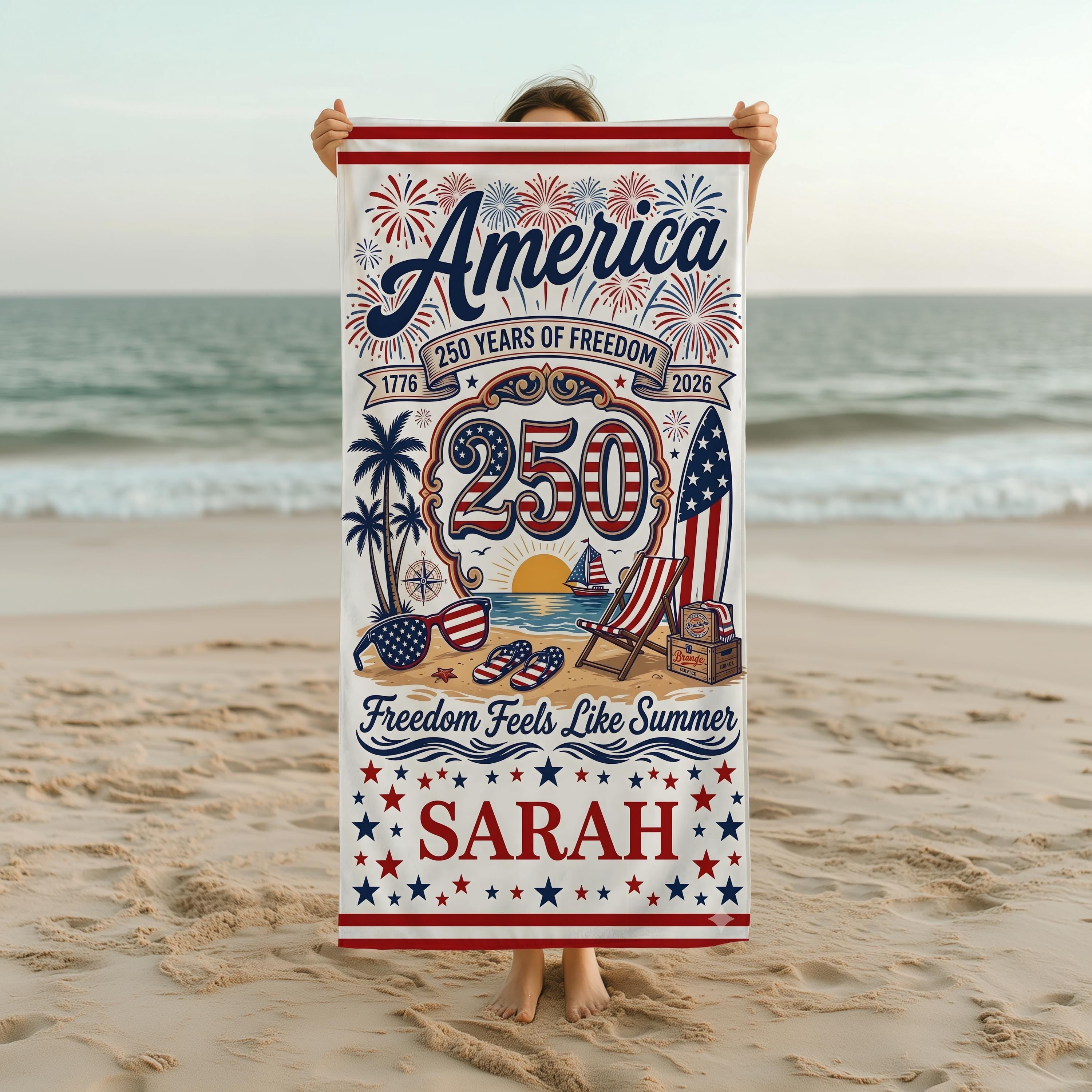 Personalized America 250th Beach Towel - Patriotic 4th of July Gift