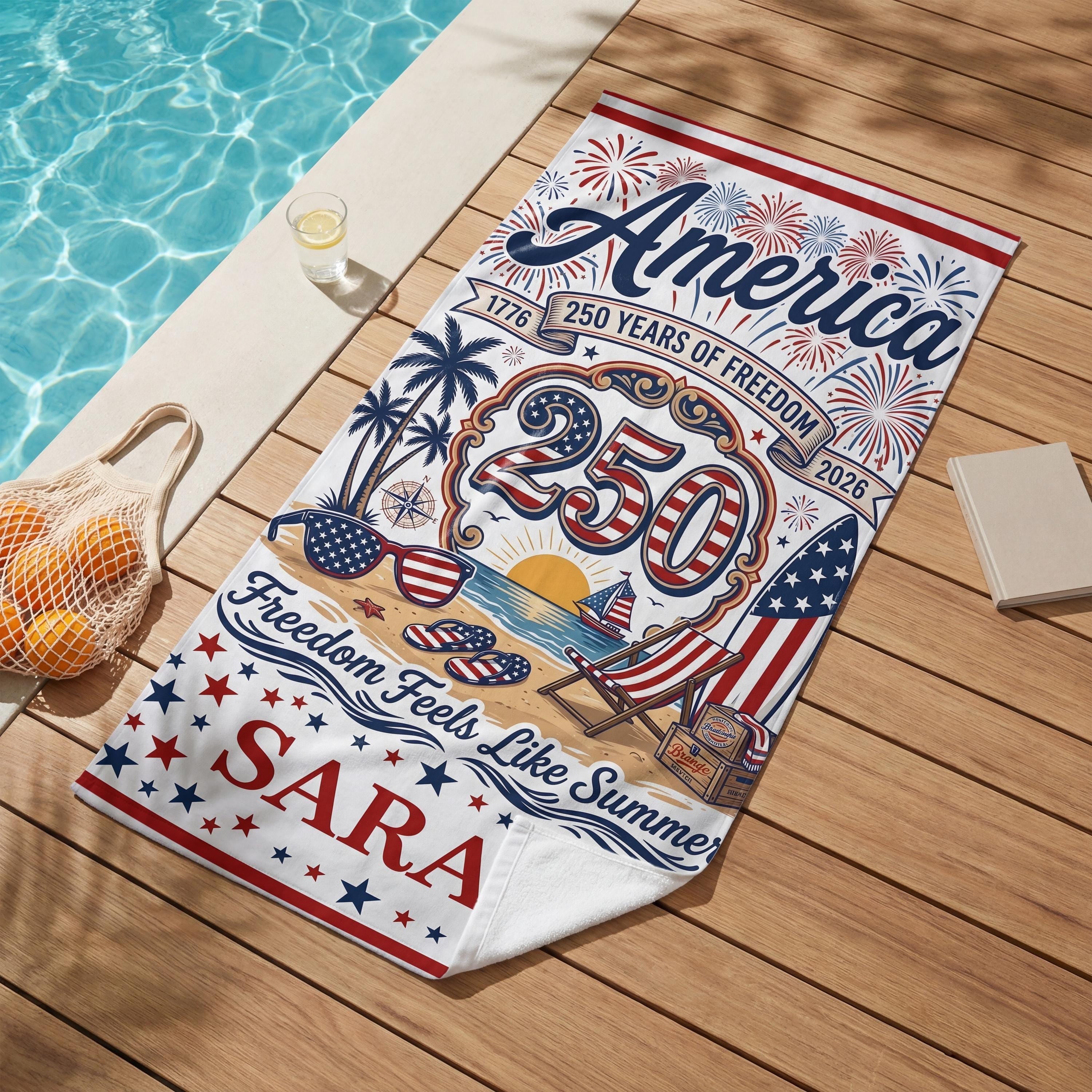 Personalized America 250th Beach Towel - Patriotic 4th of July Gift