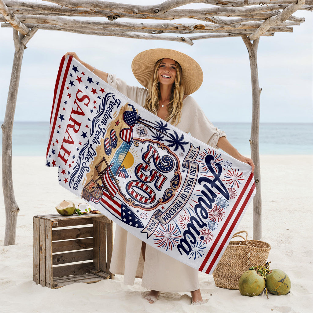 Personalized America 250th Beach Towel - Patriotic 4th of July Gift
