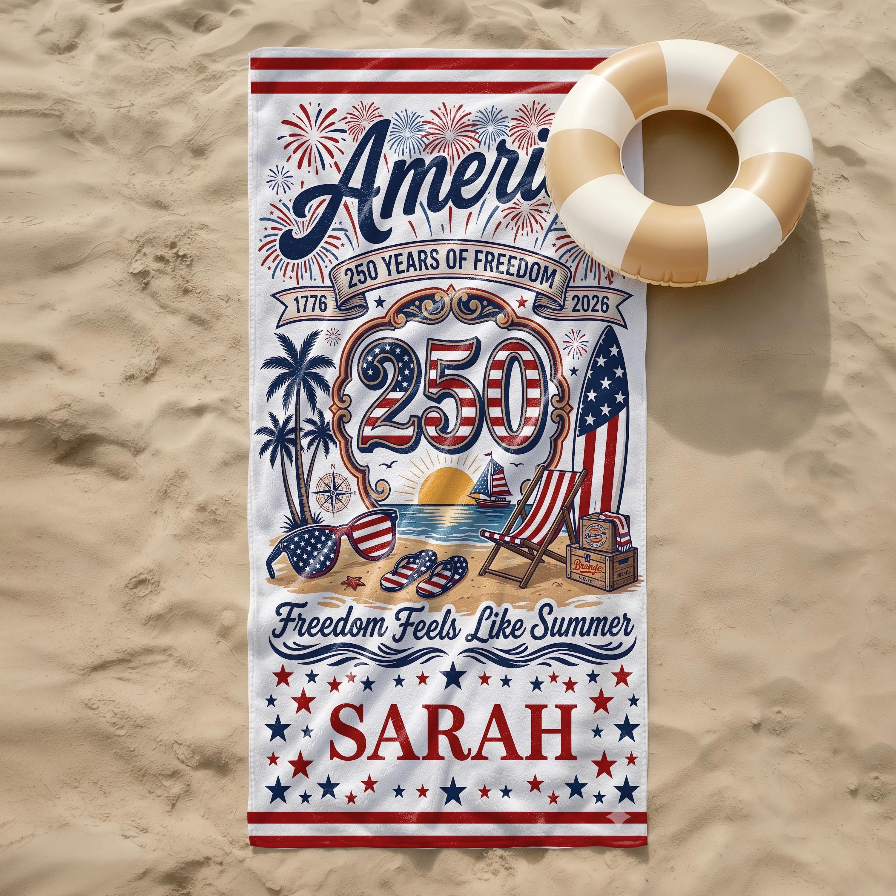 Personalized America 250th Beach Towel - Patriotic 4th of July Gift
