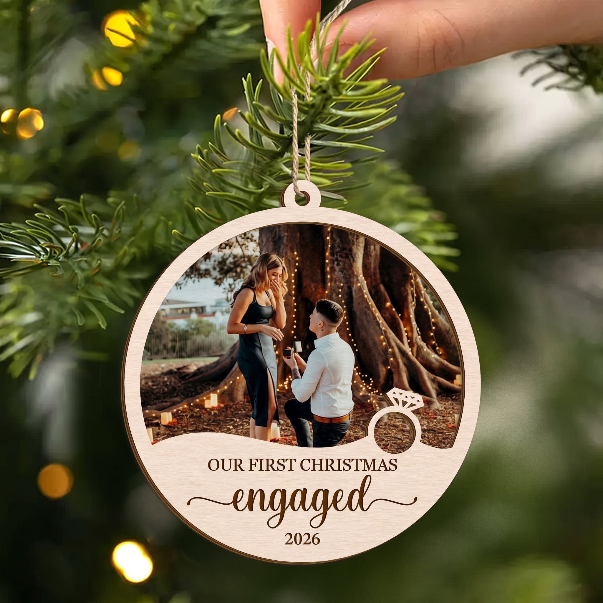 Personalized First Christmas Engaged Married 2 Layered Wooden Ornament
