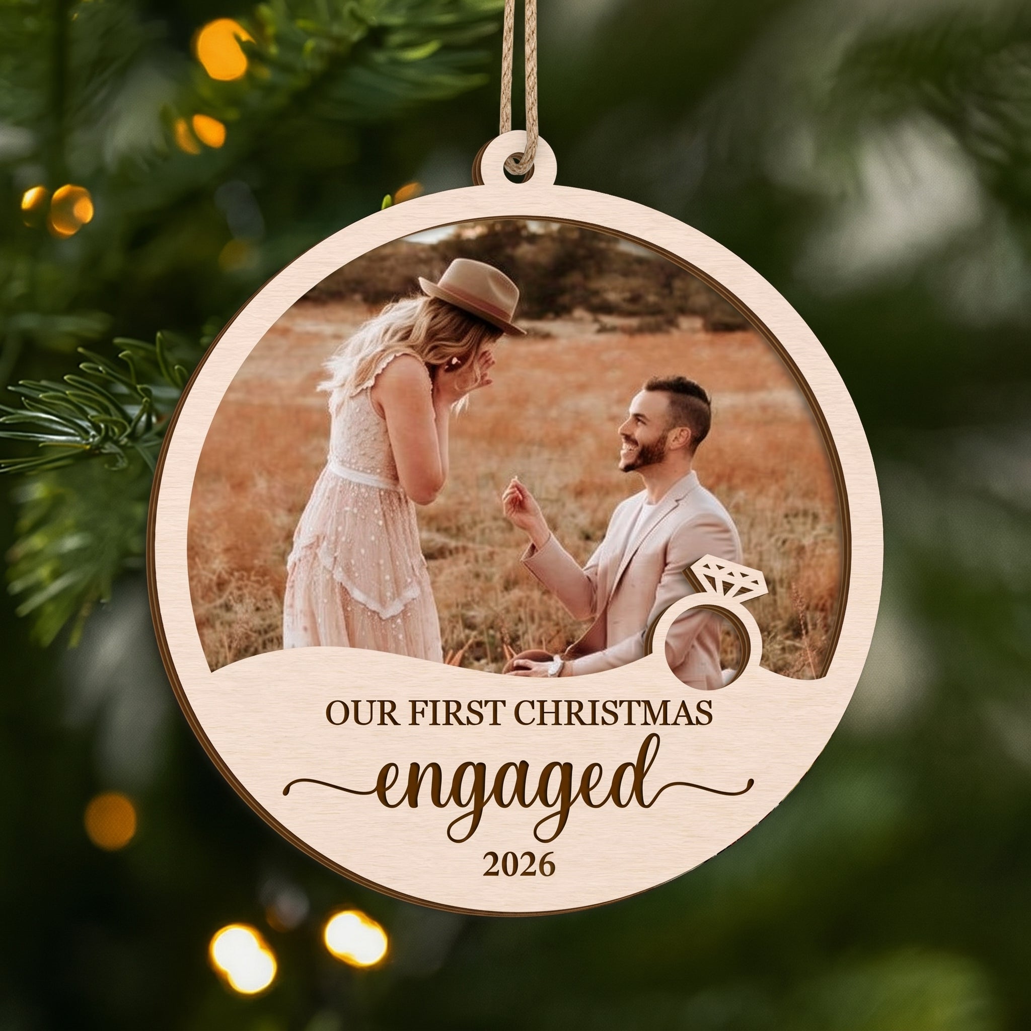 Personalized First Christmas Engaged Married 2 Layered Wooden Ornament