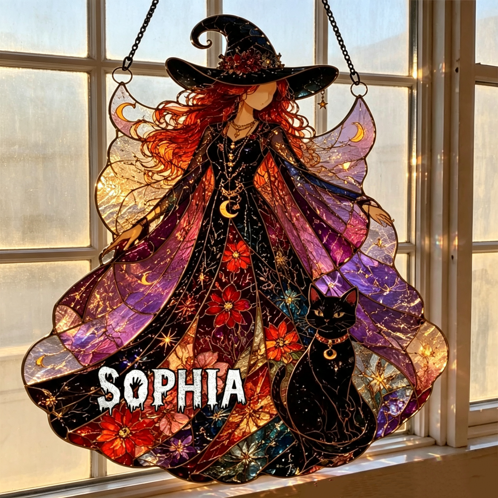 Witch & Cat - Personalized Halloween Suncatcher